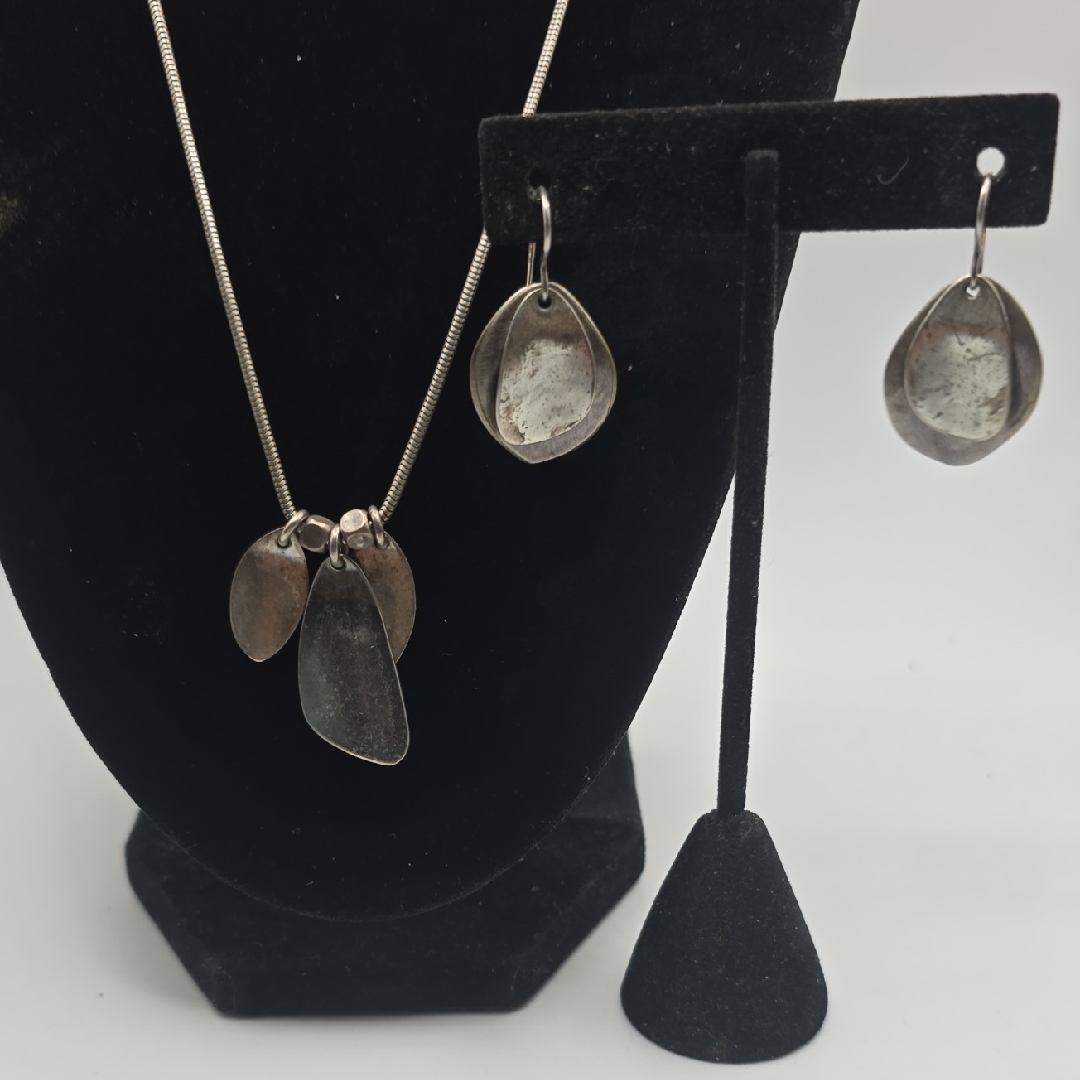 Marjorie Baer Modernist Silver Leaf Necklace And Earring Set